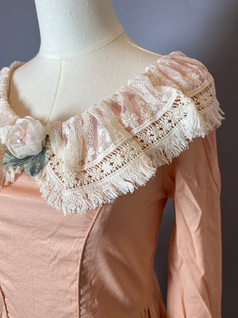 Pink Regency Era Dress with Lace - Pink Maxi Dress with Long Sleeves and Flower Accessories- Regency Dress Plus Size